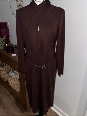 Ralph Lauren Dark Brown Long Sleeve Twist-Neck Midi Dress